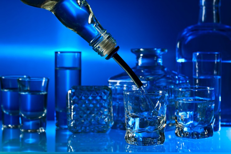 vodka, closeup, drunk, cold, nobody, liquid, bar, beverage, horizontal, decanter, spirit, alcohol, dark, hard, cocktail, bottle, cool, reflection, fill, color, blue, carafe, crystal, rum, pour, distillery, neat, liquor, party, alcoholic, glass