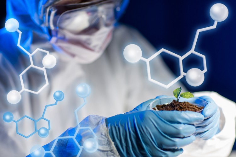 biotech, molecular, soil, scientist, closeup, experiment, goggles, workwear, biologist, protective, researching, green, sprout, molecules, formula, eco, future, sample,