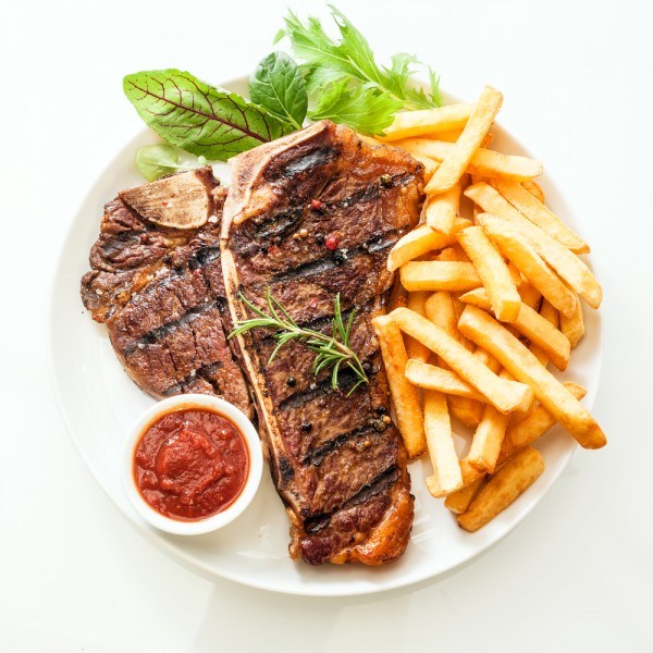 steak, top, view, food, salad, plate, beef, bone, french, t, grilled, bbq, down, white, junk, meat, photo, tbone, background, ketchup, fast, chips, meal, table, on, brown, snack, porterhouse, steakhouse, serving, tenderloin, rosemary, diner, tasty, local, savory, herb, angle, sauce, fries, isolated, aerial, barbecue, delicious, red, new, restaurant, vegetable, t-bone, high, dip, fresh, portion