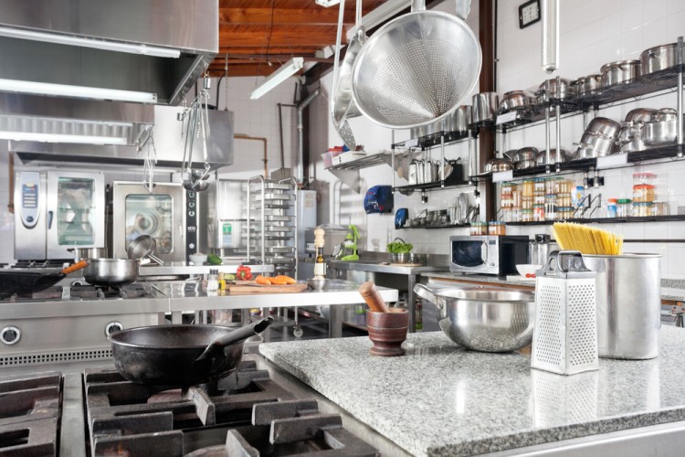 kitchen, interior, clean, steel, stainless, oven, stove, metallic, counter, metal, pasta, gas, silver, food, pestle, nobody, hanging, grate, pot, iron, horizontal, appliance,