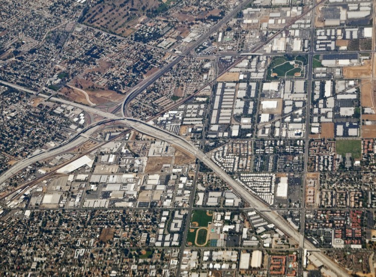 aerial, view, california, los, freeway, sprawl, ca, suburban, usa, traffic, la, urban, america, nobody, skyline, architecture, outdoors, transportation, streets, suburbia, smog, cityscape, riverside, junction, interstate, interchange, united, development, states, high, city, angeles, above