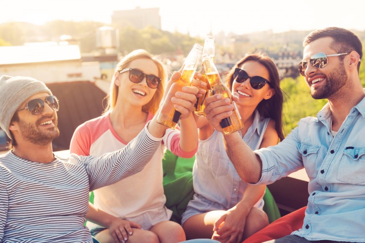 beer, cheering, garden, food, drink, urban, alcohol, candid, fun, men, group, young, eyewear, vitality, sunlight, bonding, life, adult, male, skyline, celebration, people,