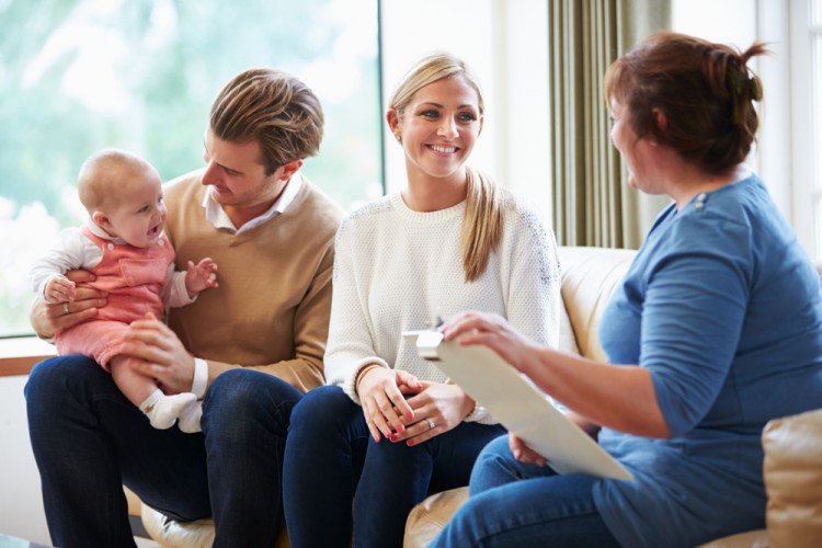 worker, social, parent, visitor, counselor, home, health, help, at, counseling, baby, issue, boy, horizontal, talking, thirties, male, old, people, female, smiling, family,