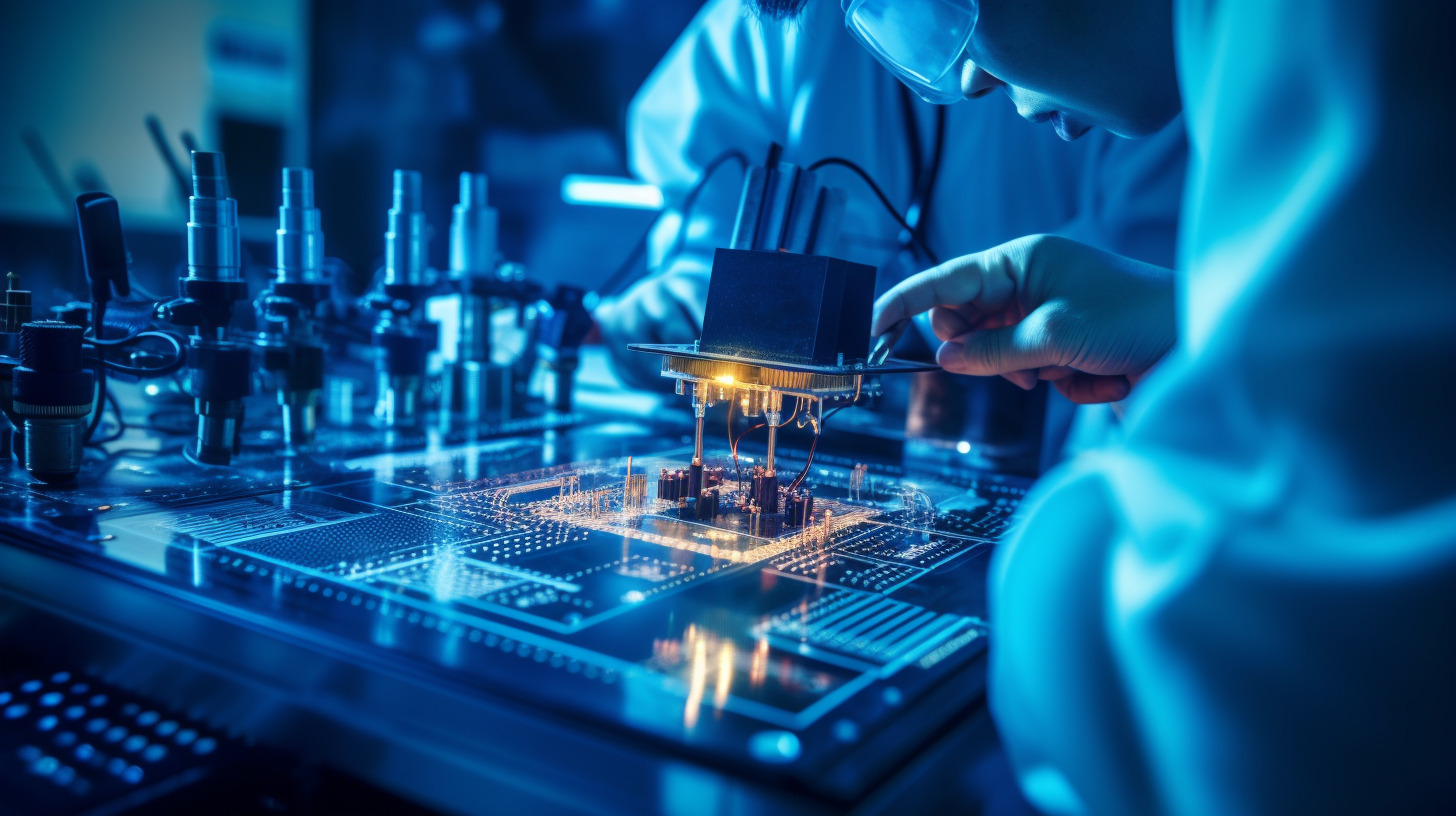 Technicians testing a microelectromechanical systems device for accuracy.