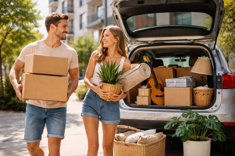 Two people carrying cardboard boxes